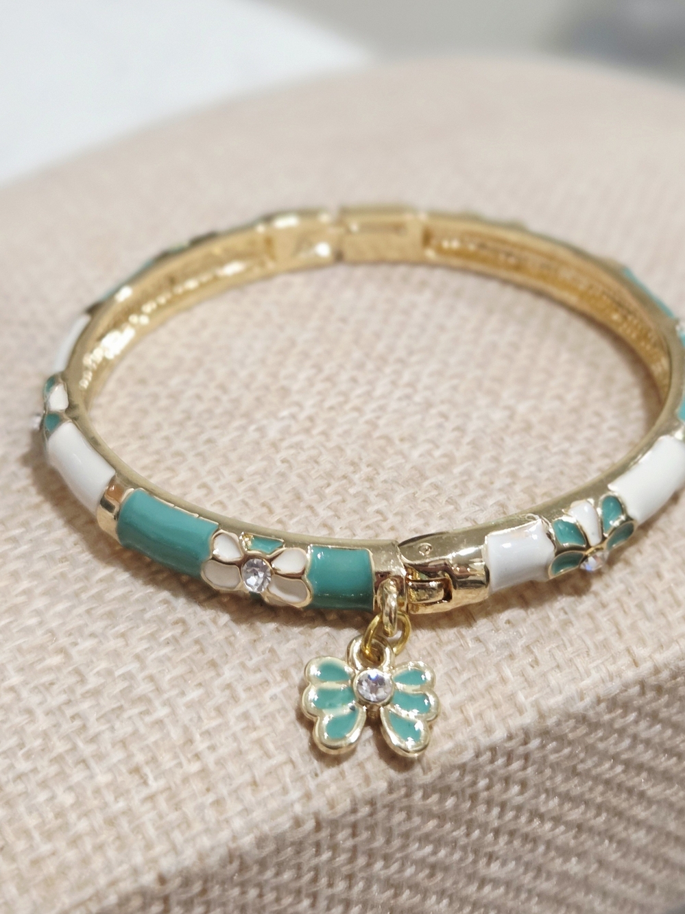 Gold-Tone Turquoise & White Floral Hinged Enamel Bangle Bracelet